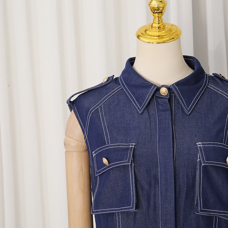 Navy Sleeveless Utility Pleated Maxi Dress