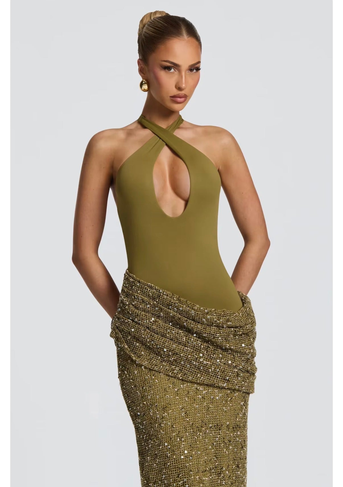 Olive Sequin Halter Maxi Dress