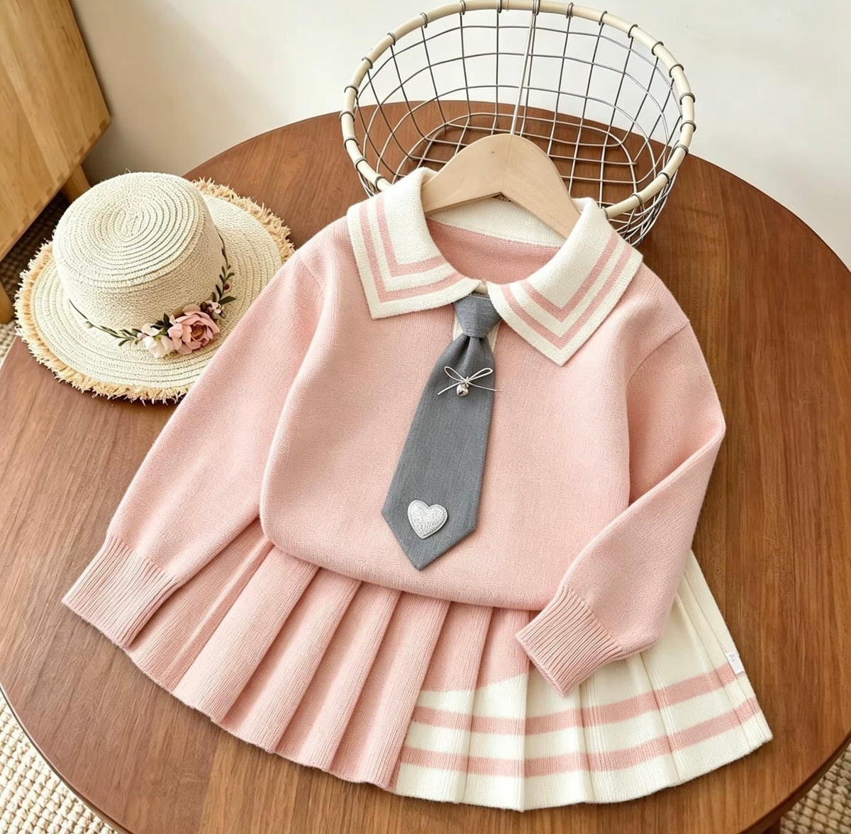 Preppy Heart Tie Knit Skirt Set