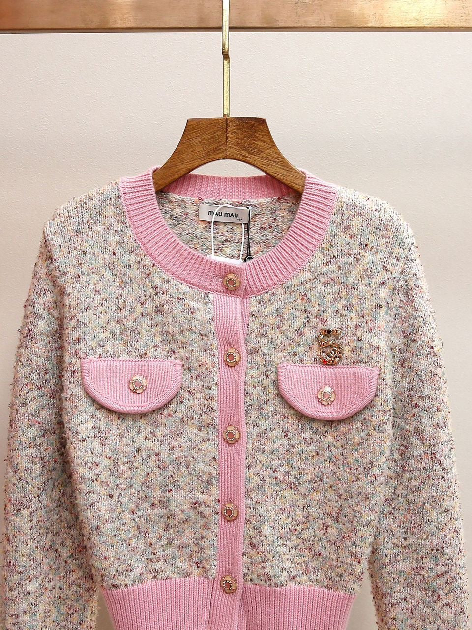 Soft Blush Tweed Knit Cardigan with Pink Trim & Crystal Buttons
