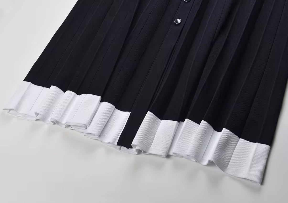 Monochrome Buttoned Vest & Pleated Skirt Set