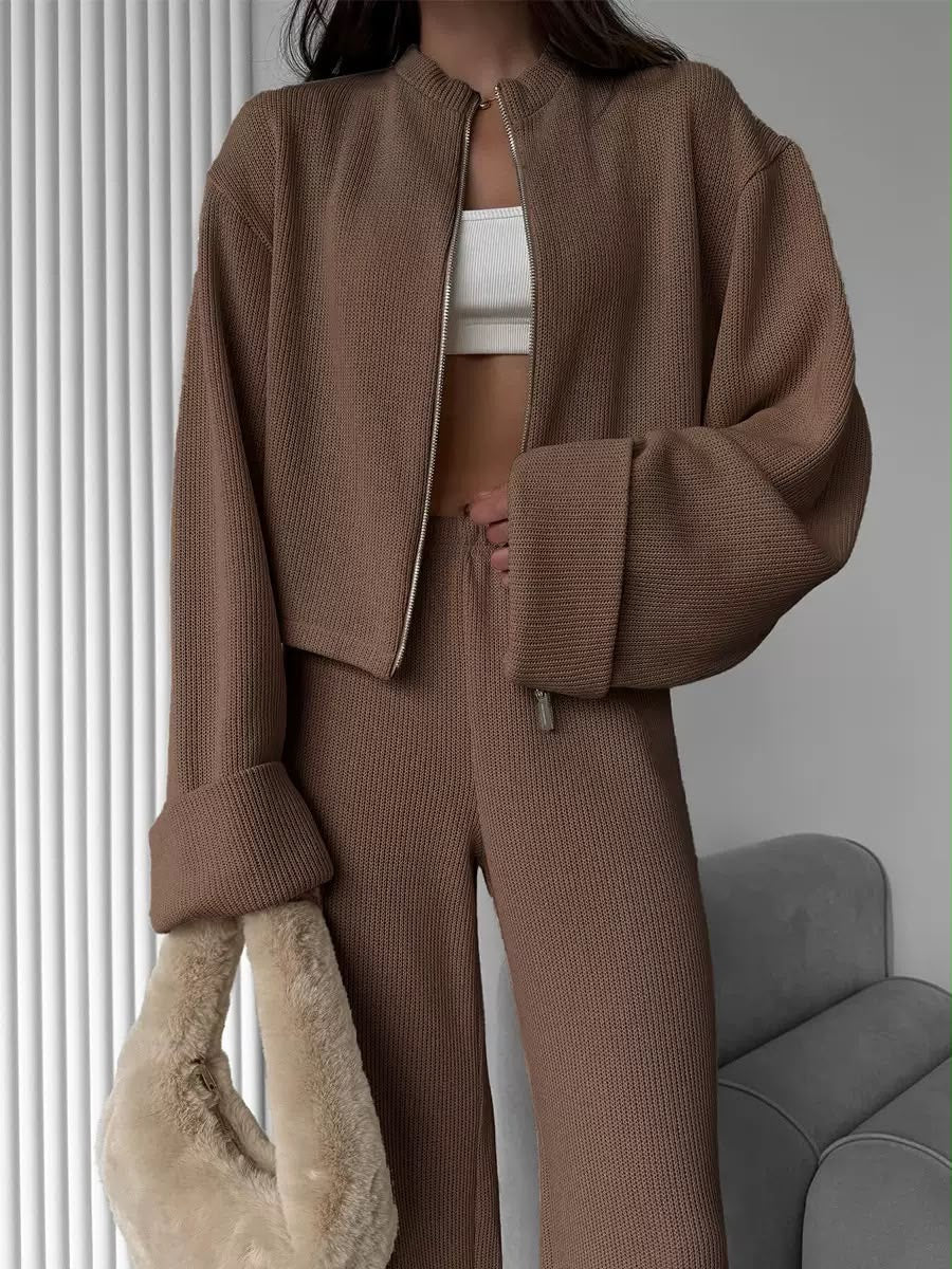 Zip-Up Ribbed Knit Wide-Leg Set.