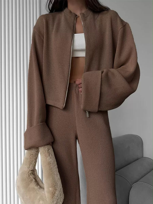 Zip-Up Ribbed Knit Wide-Leg Set.