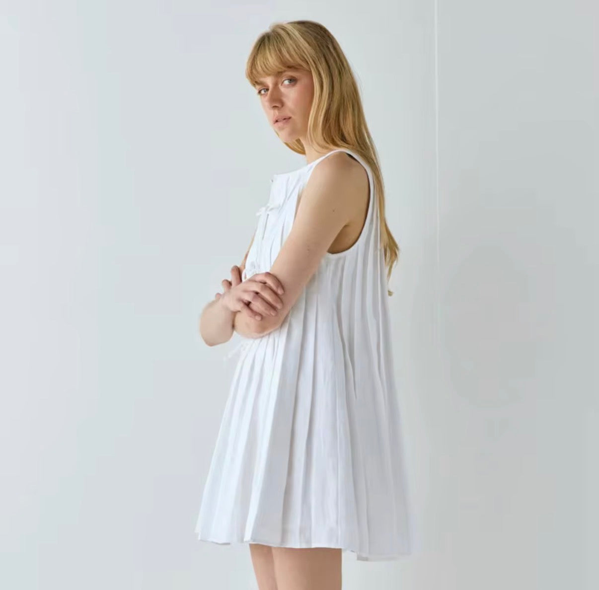 Pleated Tie-Front Mini Dress