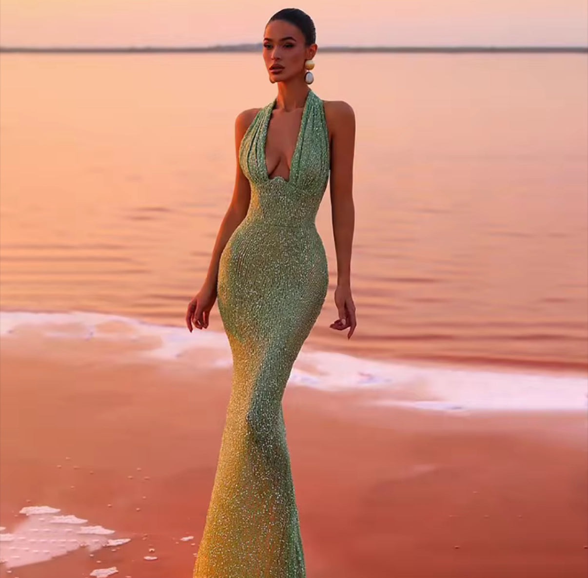 glitter halter dress with open back & mermaid cut