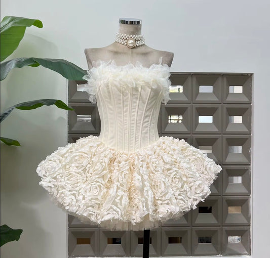 Floral Corset Mini Dress with Voluminous 3D Rose Skirt