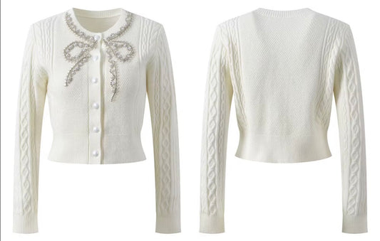 Crystal Bow Cable-Knit Cardigan