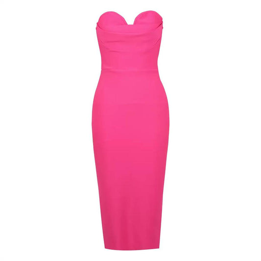 Hot Pink Strapless Bodycon Midi Dress with Sweetheart Neckline