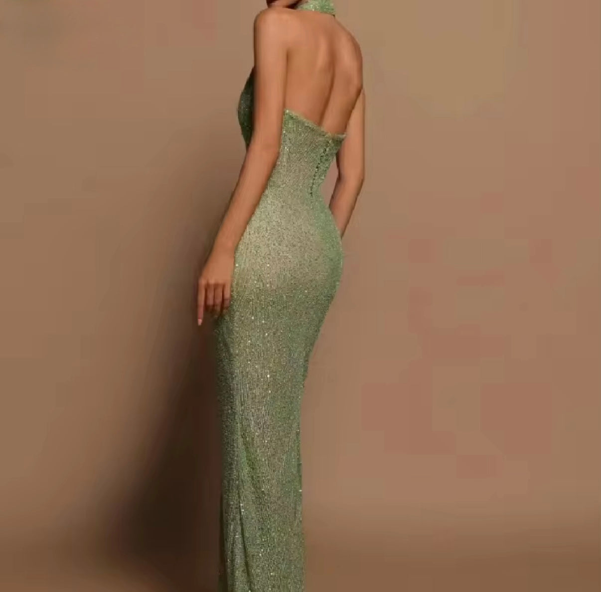 glitter halter dress with open back & mermaid cut