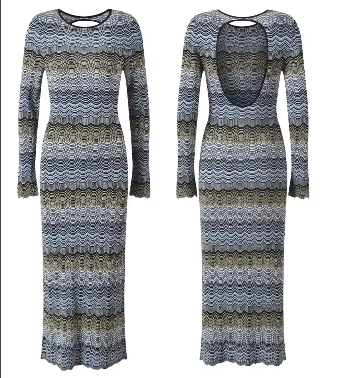 Open-Back Chevron Knit Maxi Dress