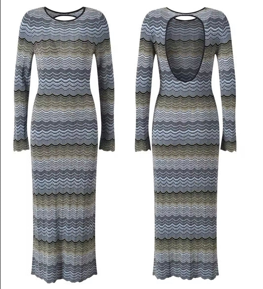 Open-Back Chevron Knit Maxi Dress
