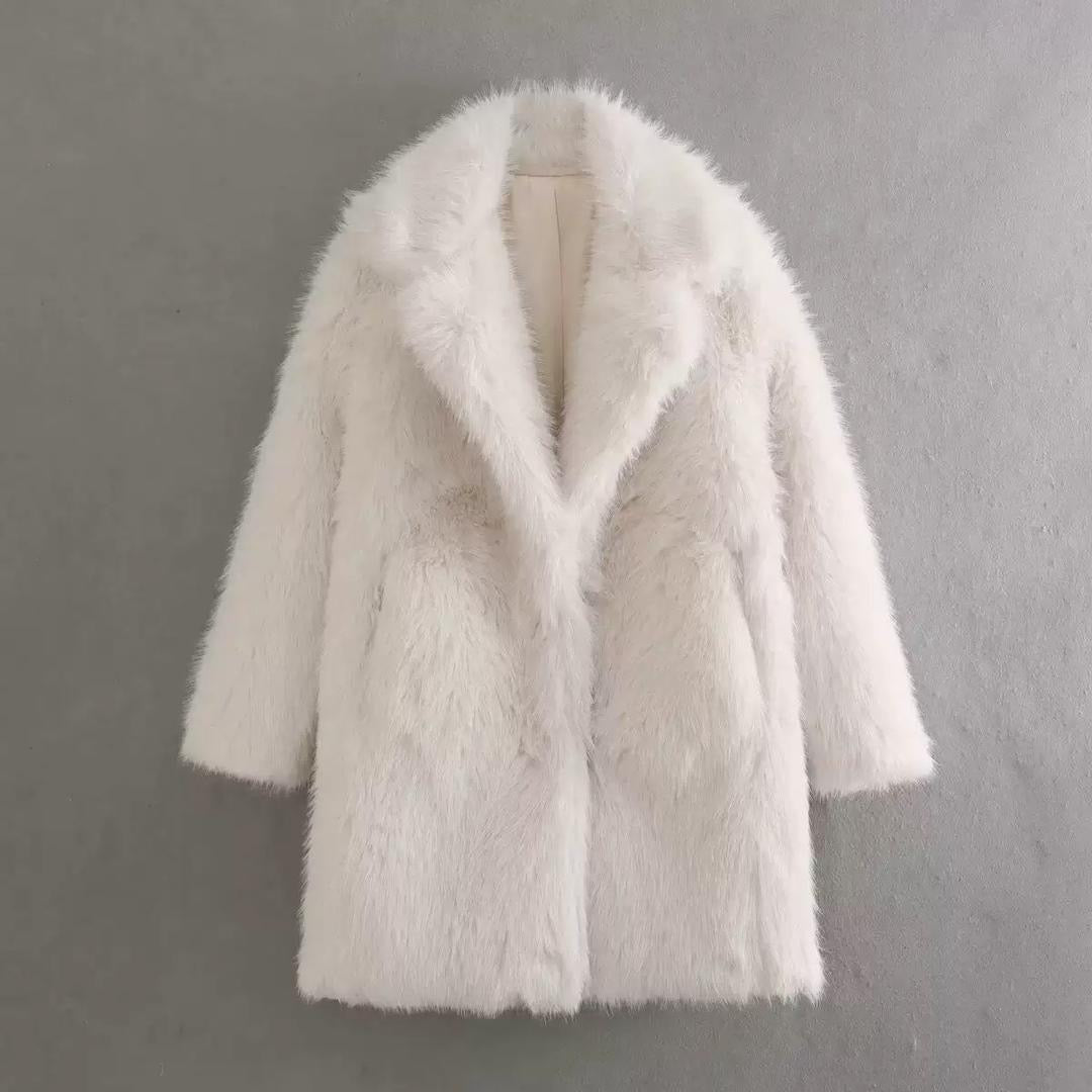 White Faux Fur Coat with Lapel Collar