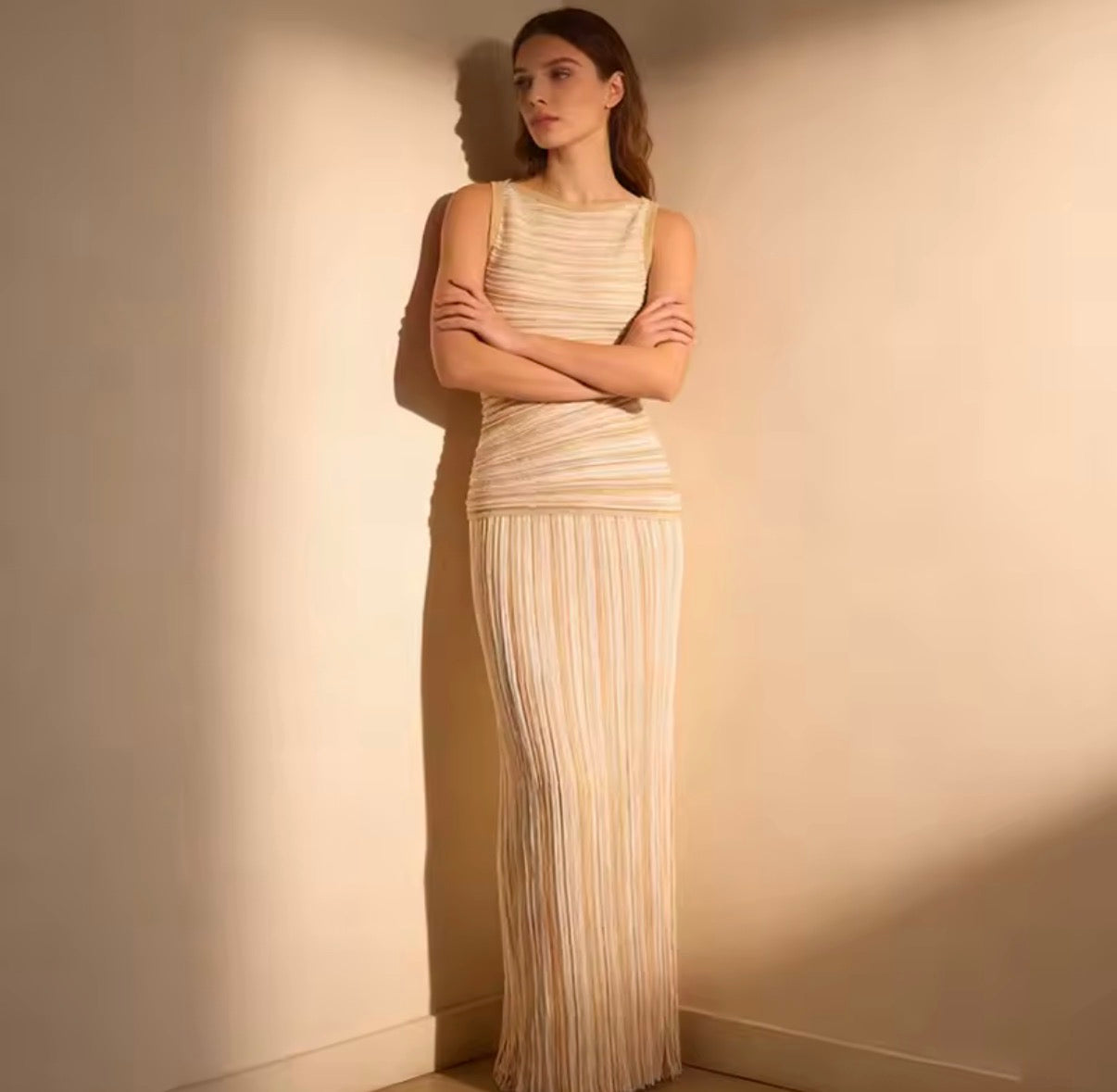 Pleated Striped Knit Maxi Dress