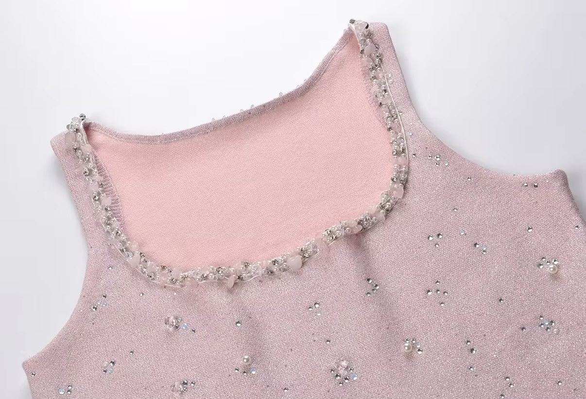 sleeveless knit mini dress with crystal bead details