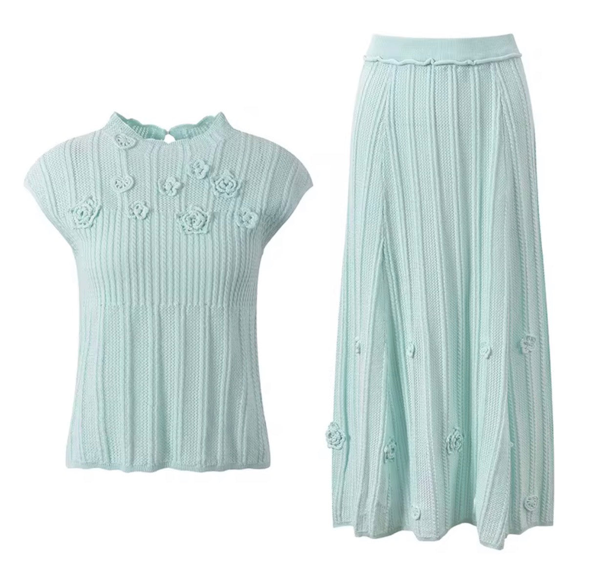 Floral Textured Knit Top & Skirt Set