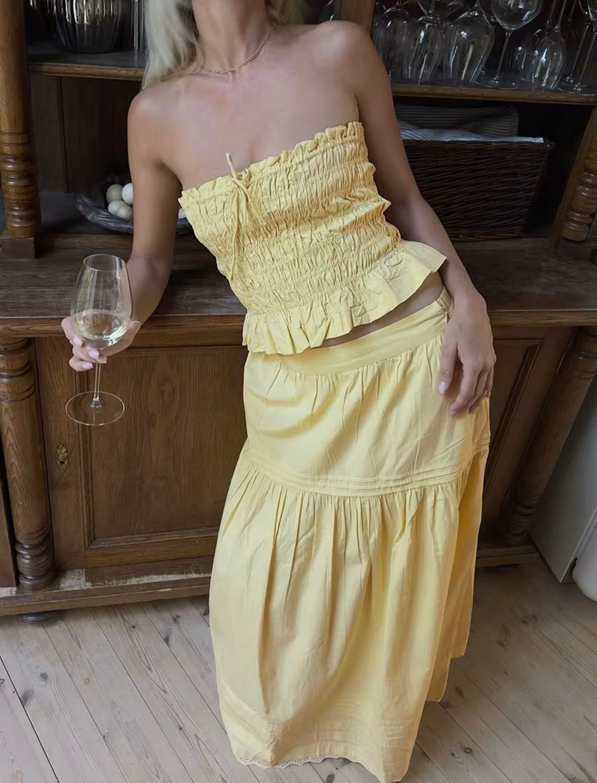 Butter Yellow Smocked Strapless Maxi Set