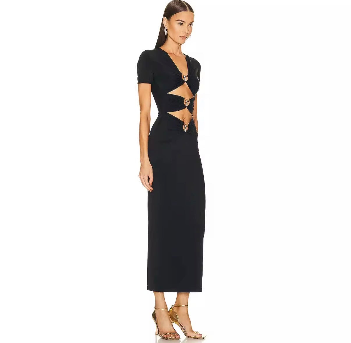 Black Cut-Out Ring Detail Bodycon Maxi Dress