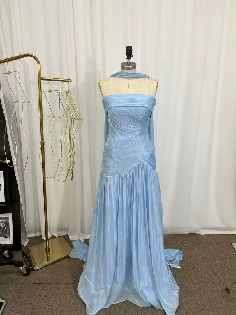 Blue Draped Strapless Cape Maxi Dress