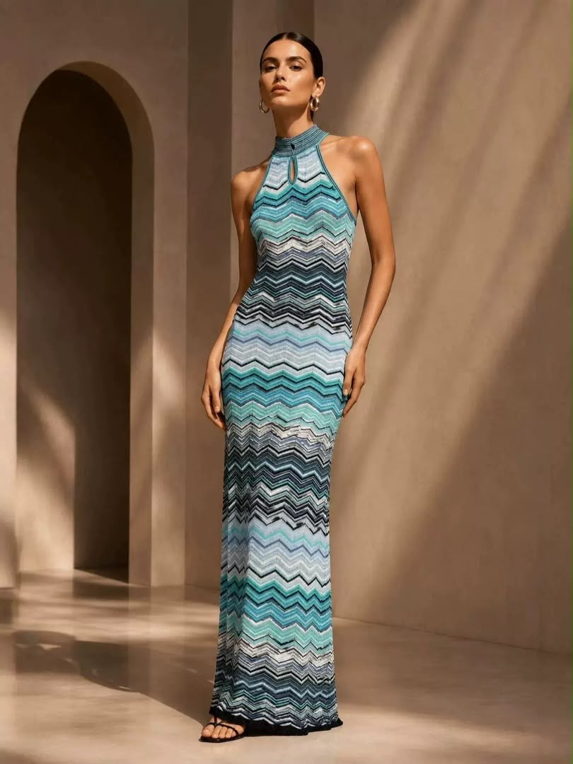 Chevron Luxe Halter Maxi Dress