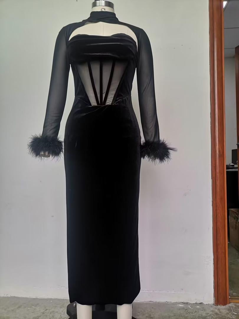 Velvet Corset Maxi Dress with Sheer Sleeves & Feather Cuffs