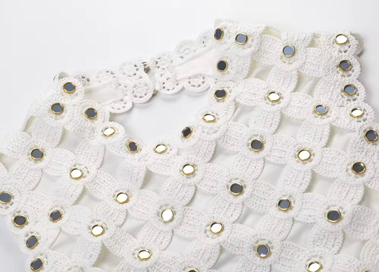 Pearl Glow Crochet Mini Dress