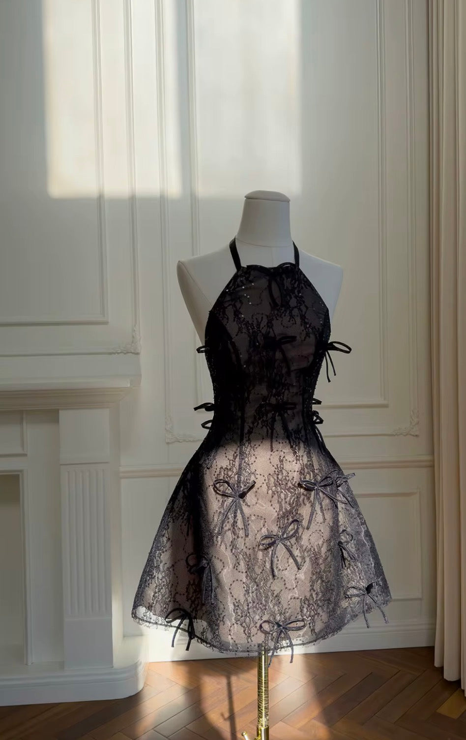 Sheer Lace Halter Corset Bow Dress