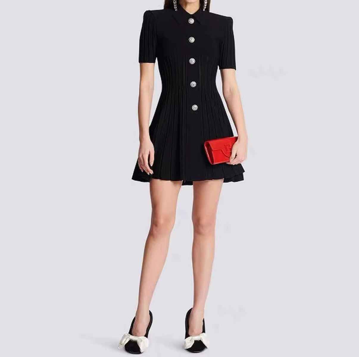 Pleated Mini Dress with Crystal Button Front