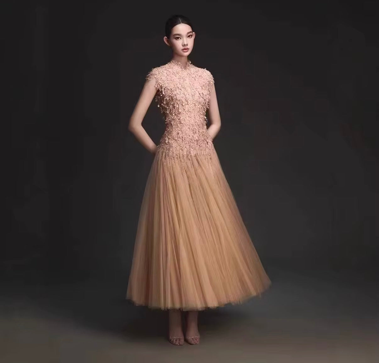 Textured Lace Bodice Ombre Tulle Midi Dress with Open Back and Soft Volume Skirt