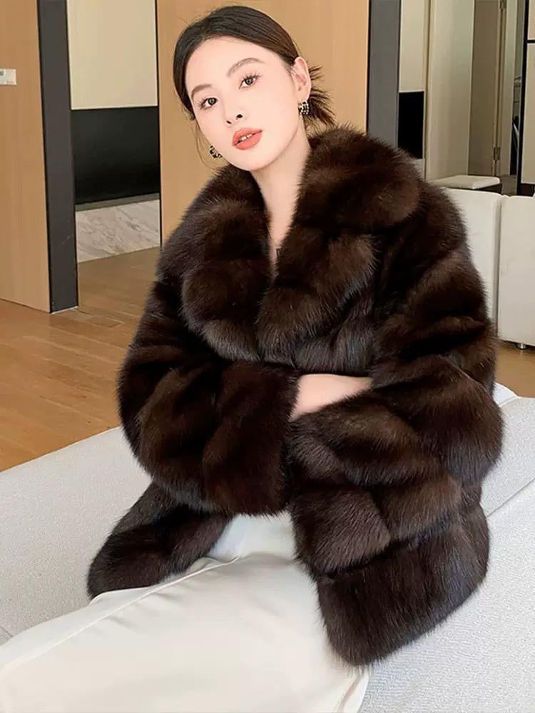 Chocolate Brown Faux Fur Coat with Oversized Collar