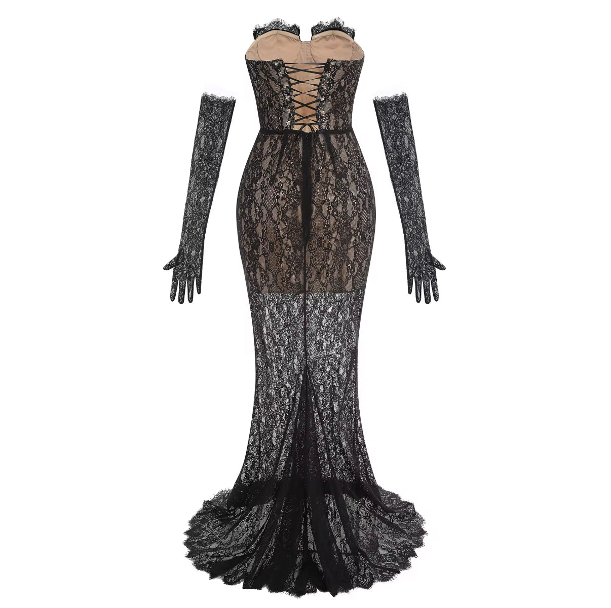 Elegant Strapless Lace Evening Dress with Matching Long Gloves