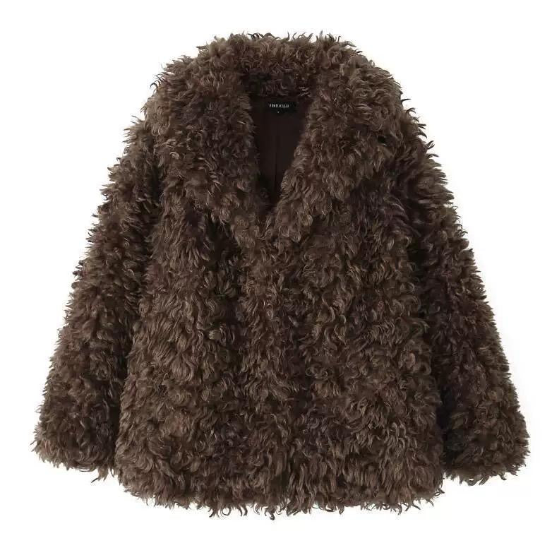 Brown Curly Faux Fur Coat with Lapel Collar