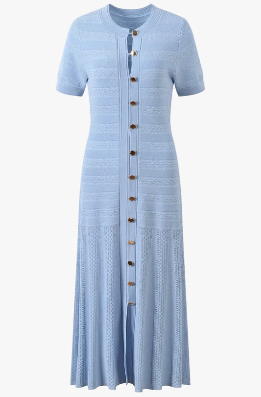 Short Sleeve Button-Front Knit Midi Dress
