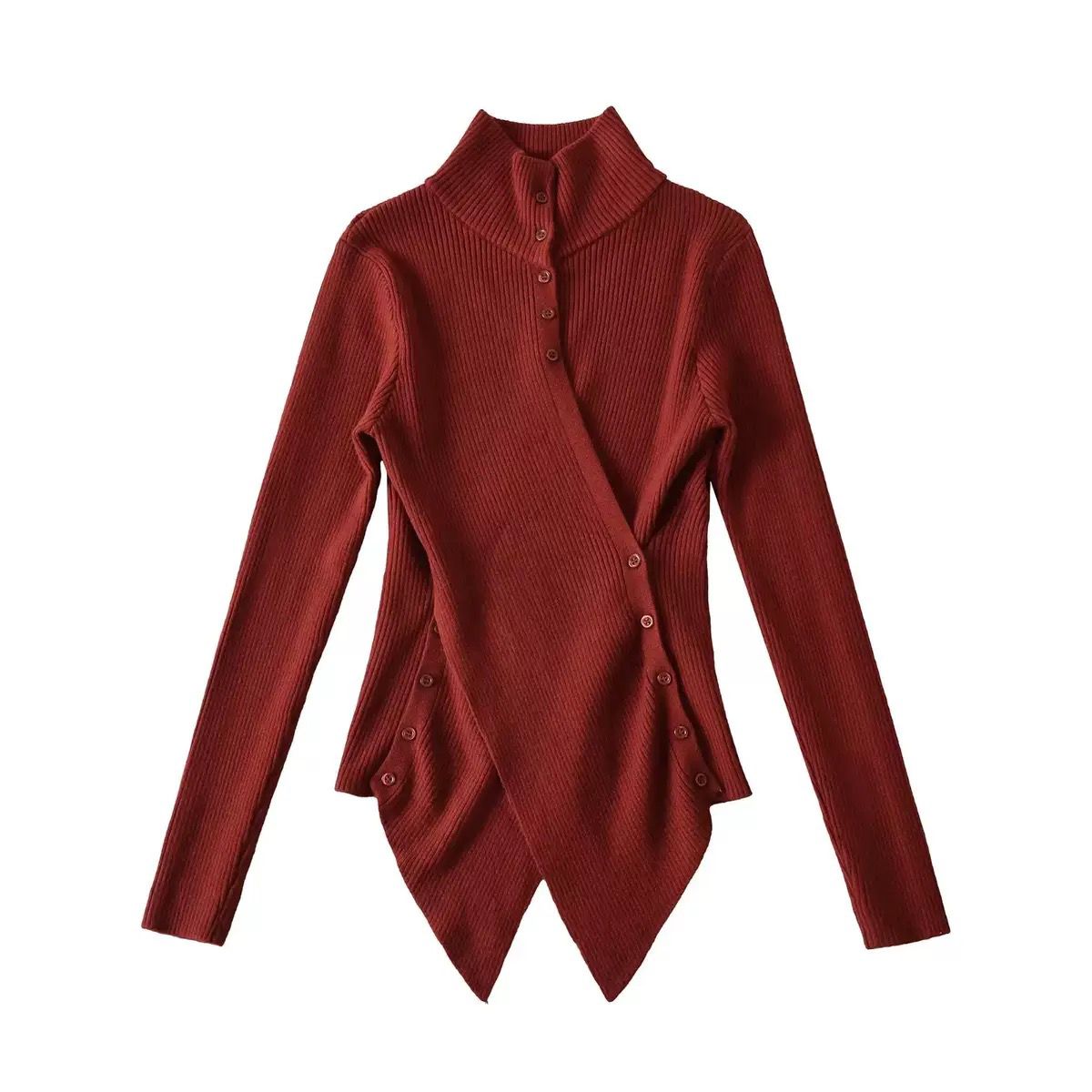 Asymmetrical Ribbed Button Top with Diagonal Hemline