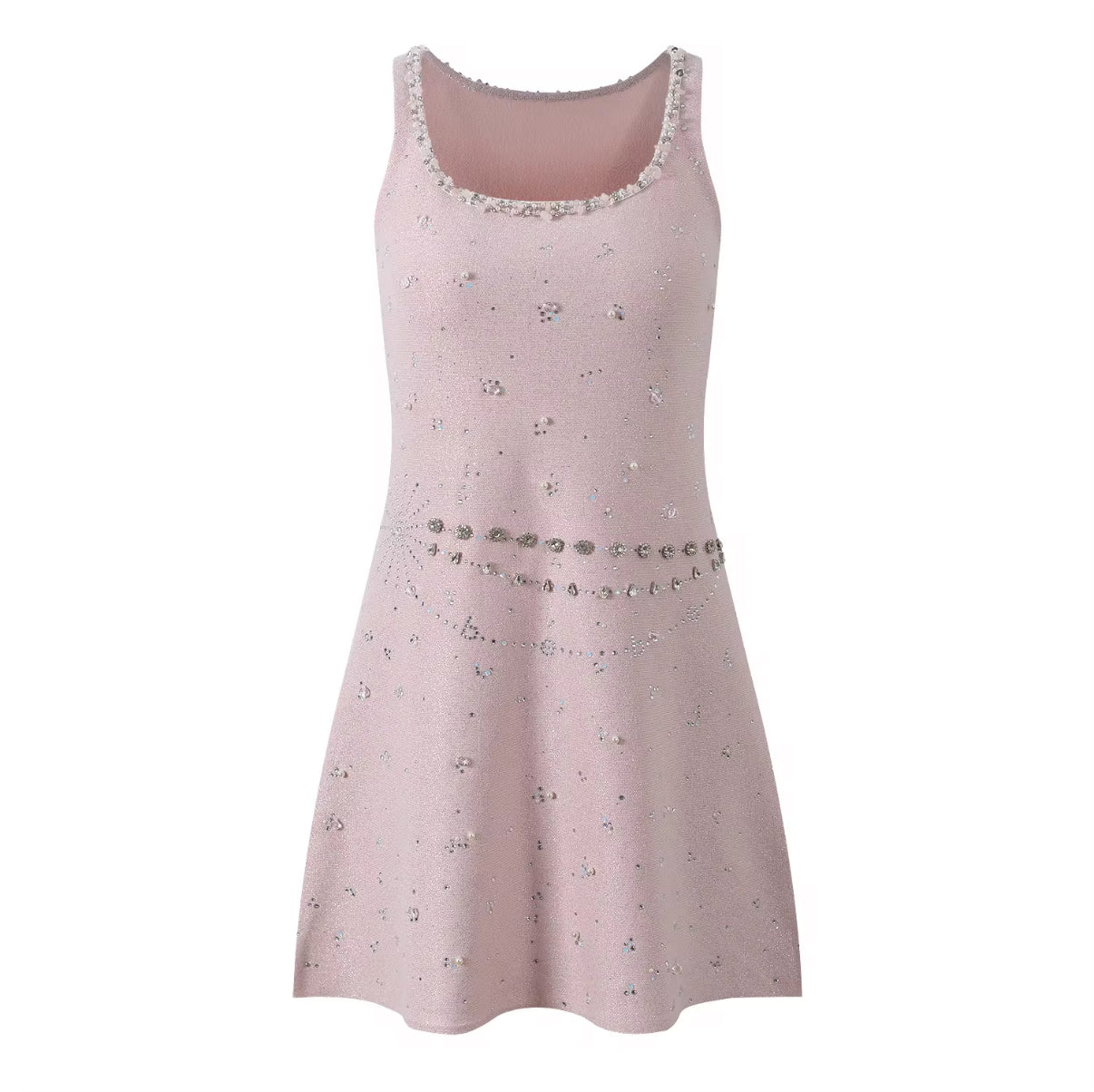 sleeveless knit mini dress with crystal bead details
