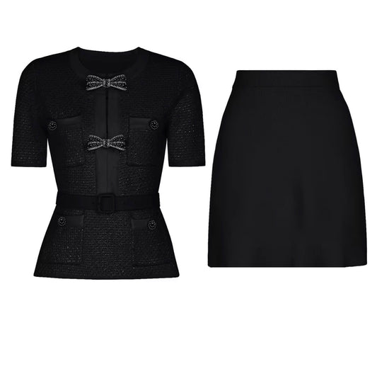 Bow Detail Tweed Top & Skirt Set