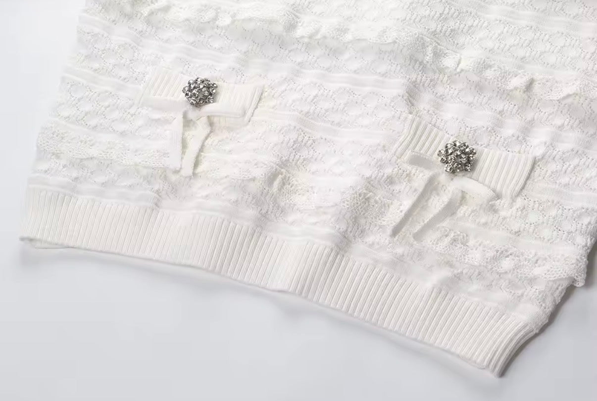 Lace Knit Bow-Detail Top & Flared Mini Skirt Set