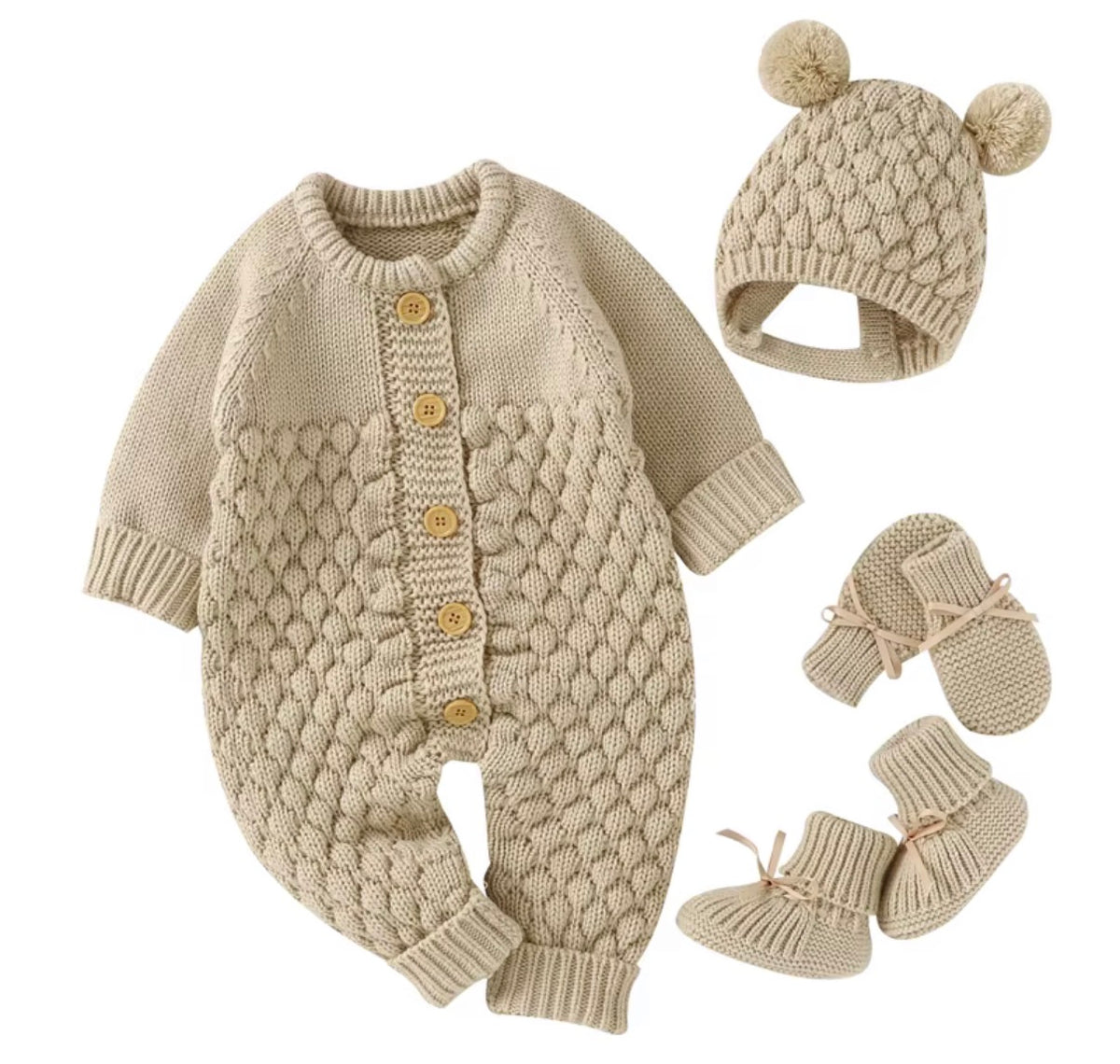 Baby Cable Knit Romper Set with Pom Pom Hat & Booties