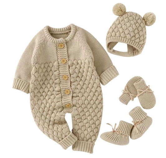 Baby Cable Knit Romper Set with Pom Pom Hat & Booties