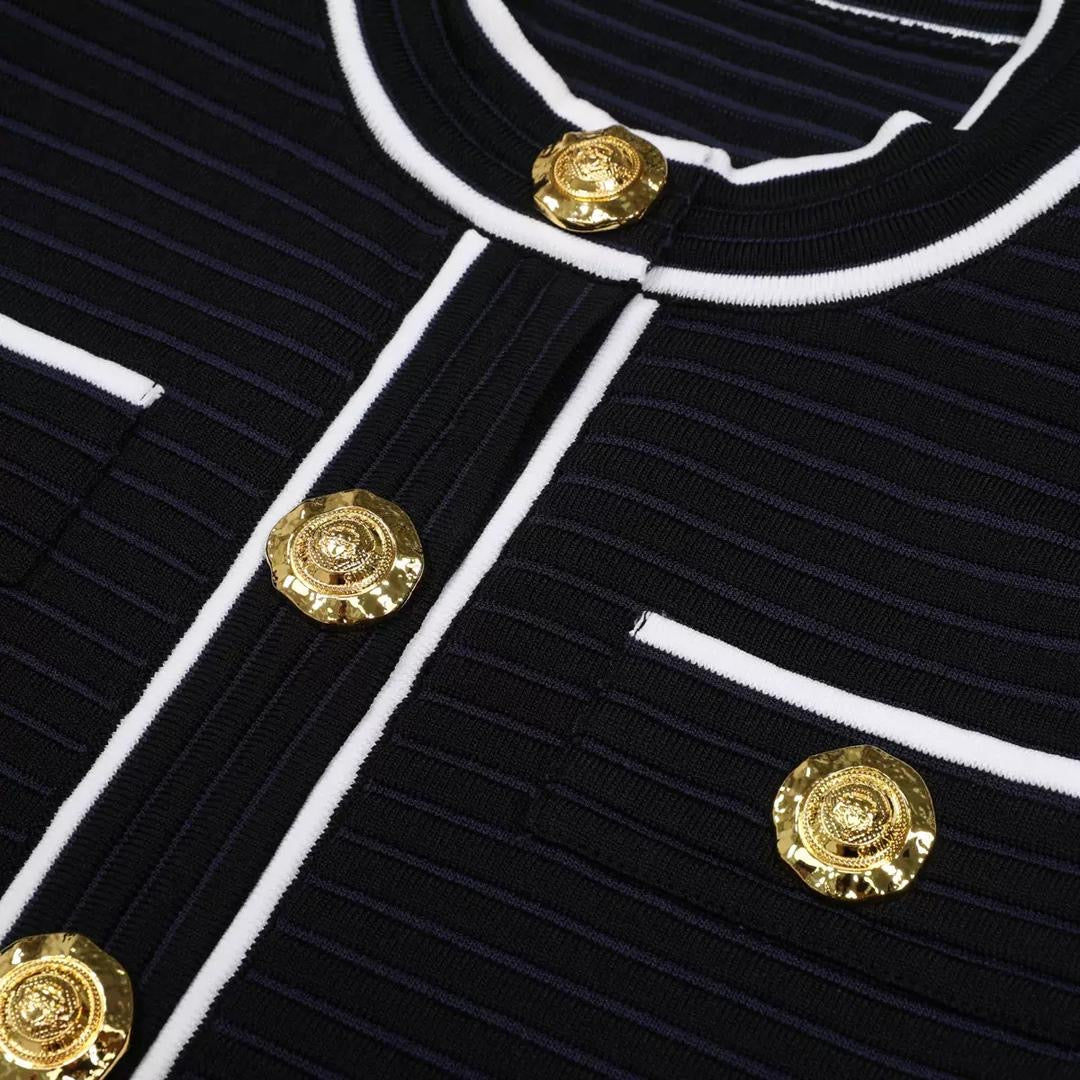 Classic Gold-Button Knitted Blazer & Pleated Skirt Set