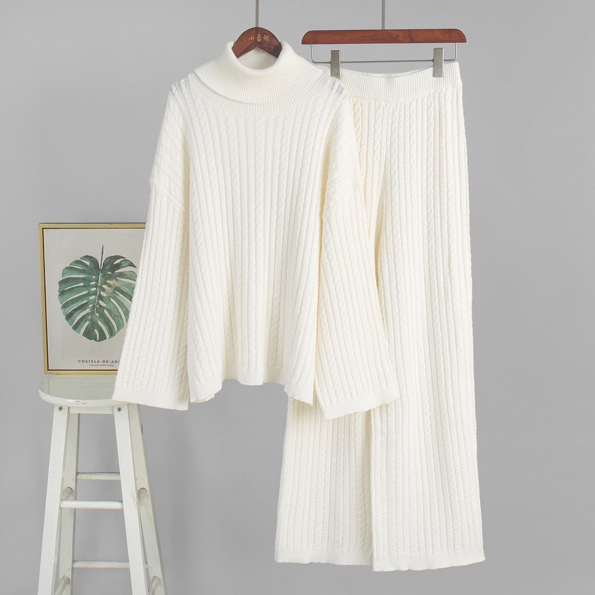 Cable Knit Turtleneck Scarf & Wide-Leg Pants Set