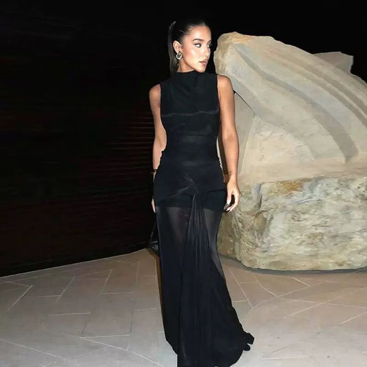 Black Sheer-Panel Maxi Dress with Draped Waist