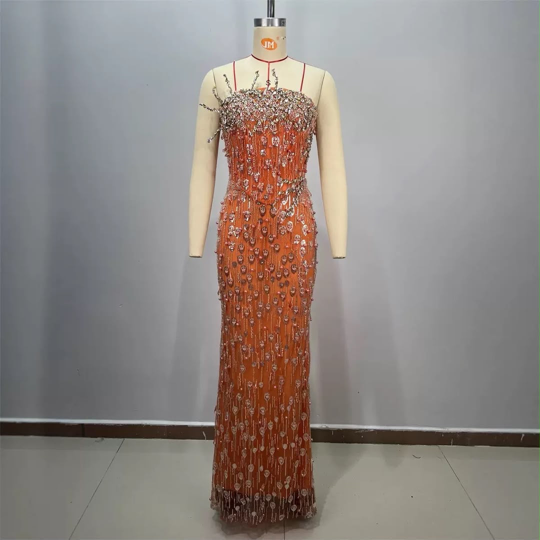 Orange Crystal-Embellished Off-Shoulder Maxi Dress ✨