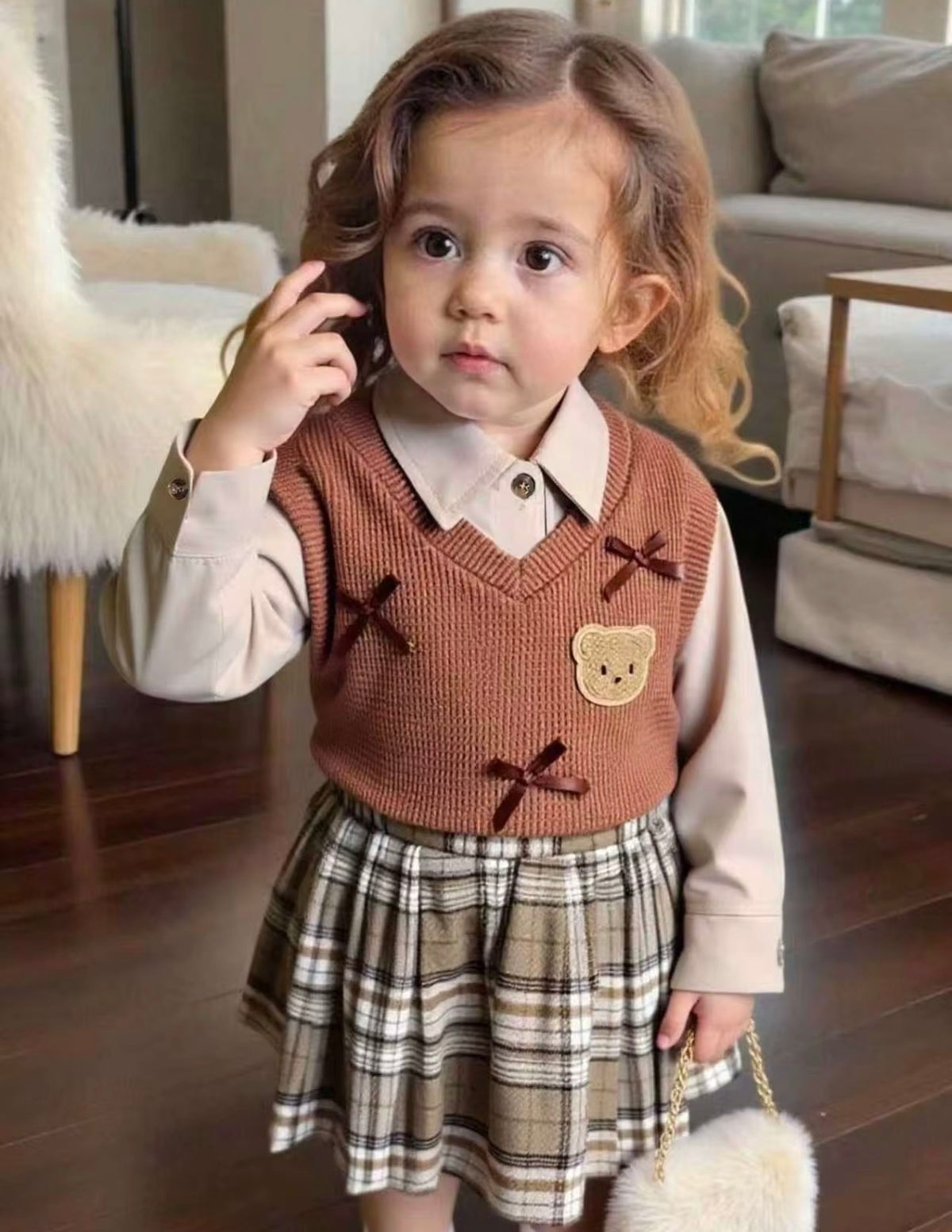 Teddy Bow Plaid Set