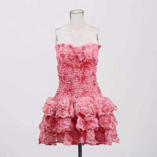 Petal Bloom Strapless 3D Floral Mini Dress