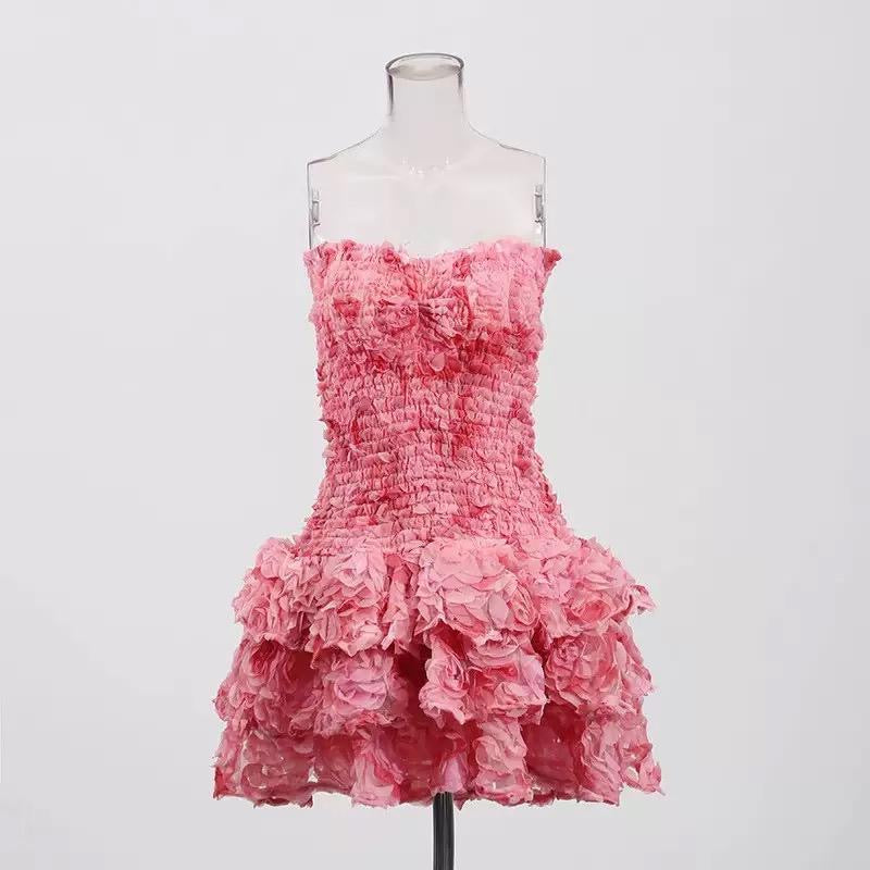 Petal Bloom Strapless 3D Floral Mini Dress