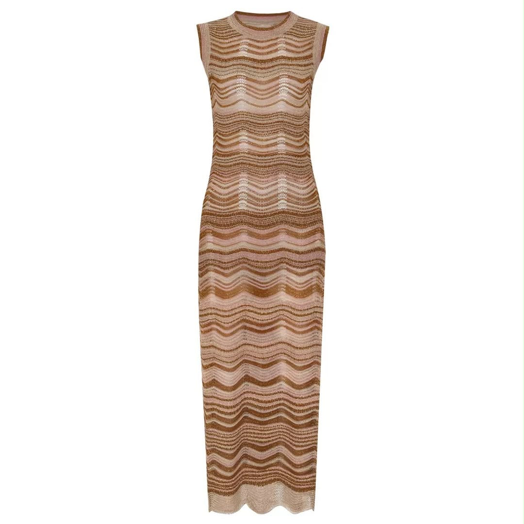 Bronze Wave Knit Maxi Dress & Cardigan Set