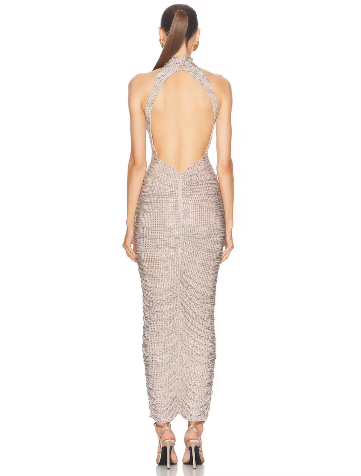 Crystal Mesh Halter Dress with Ruched Detailing