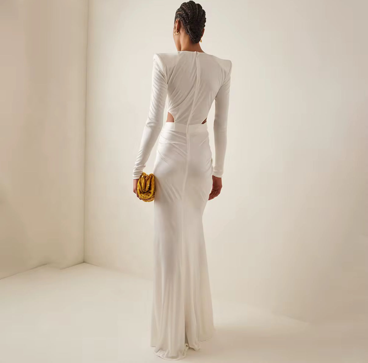 Draped Jeweled Waist Dress with High Slit