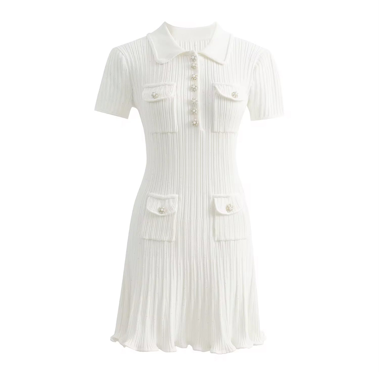 Knit Polo Mini Dress with Pearl Buttons