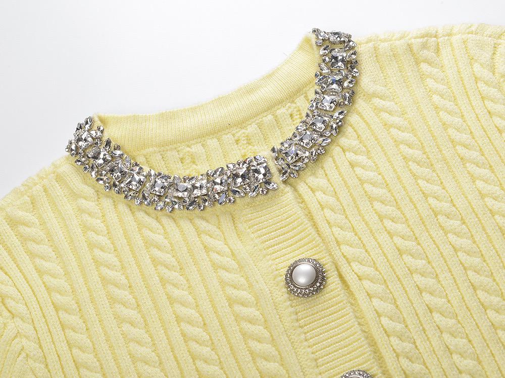 Embellished Cable Knit Cardigan with Crystal Collar in Soft Yellow
